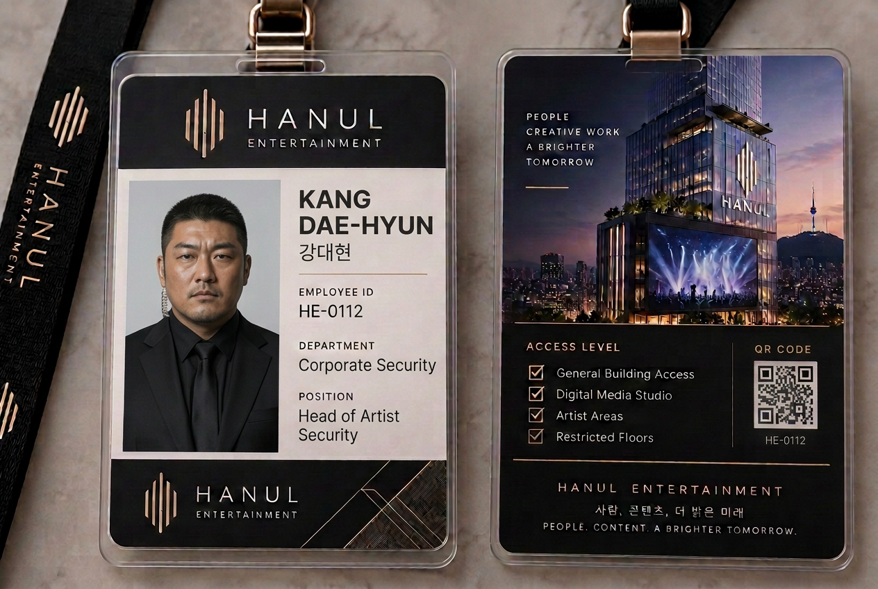 Kang Dae-hyun's HANUL Entertainment employee badge, front and back