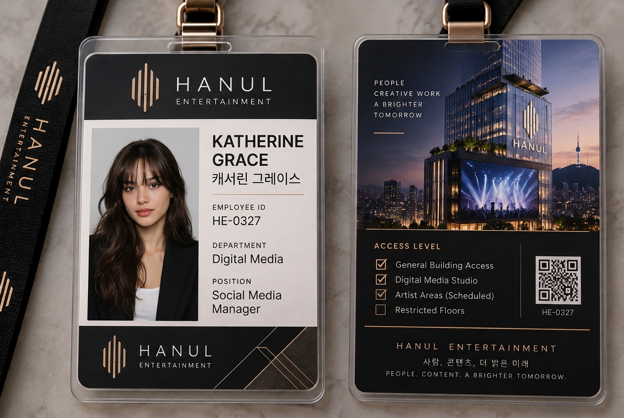Katherine Grace's HANUL Entertainment employee badge, front and back