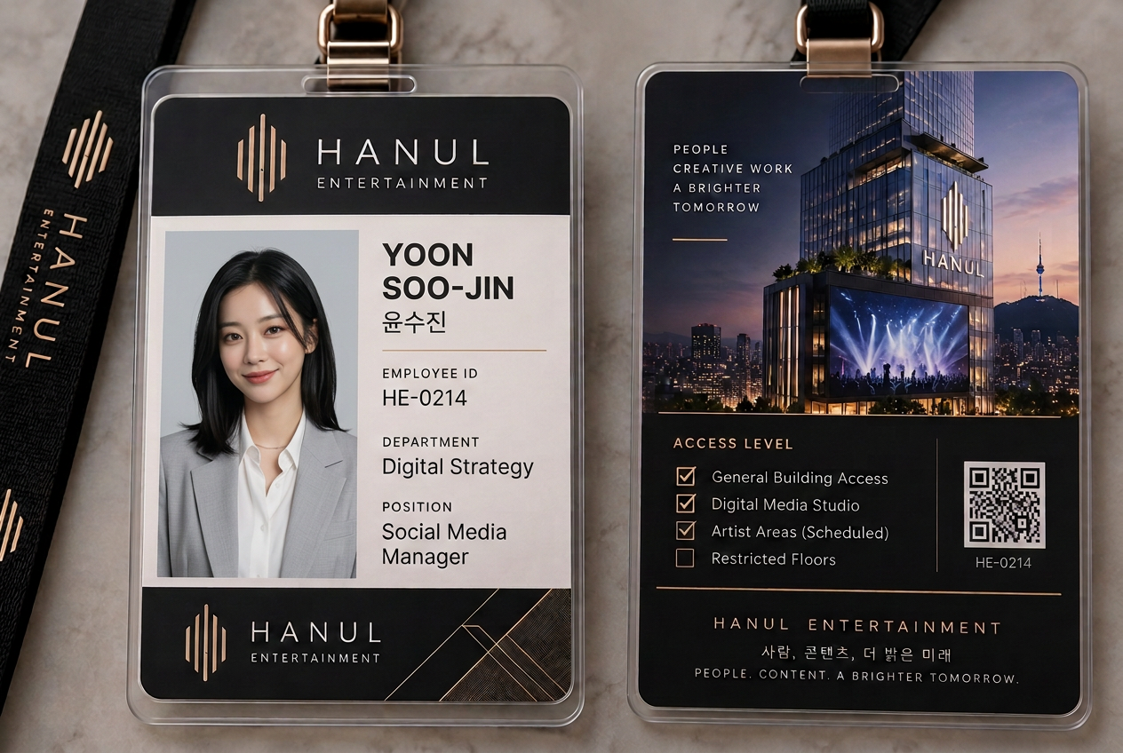 Yoon Soo-jin's HANUL Entertainment employee badge, front and back